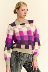 Davi & Dani Checkered Round Neck Long Sleeve Sweater