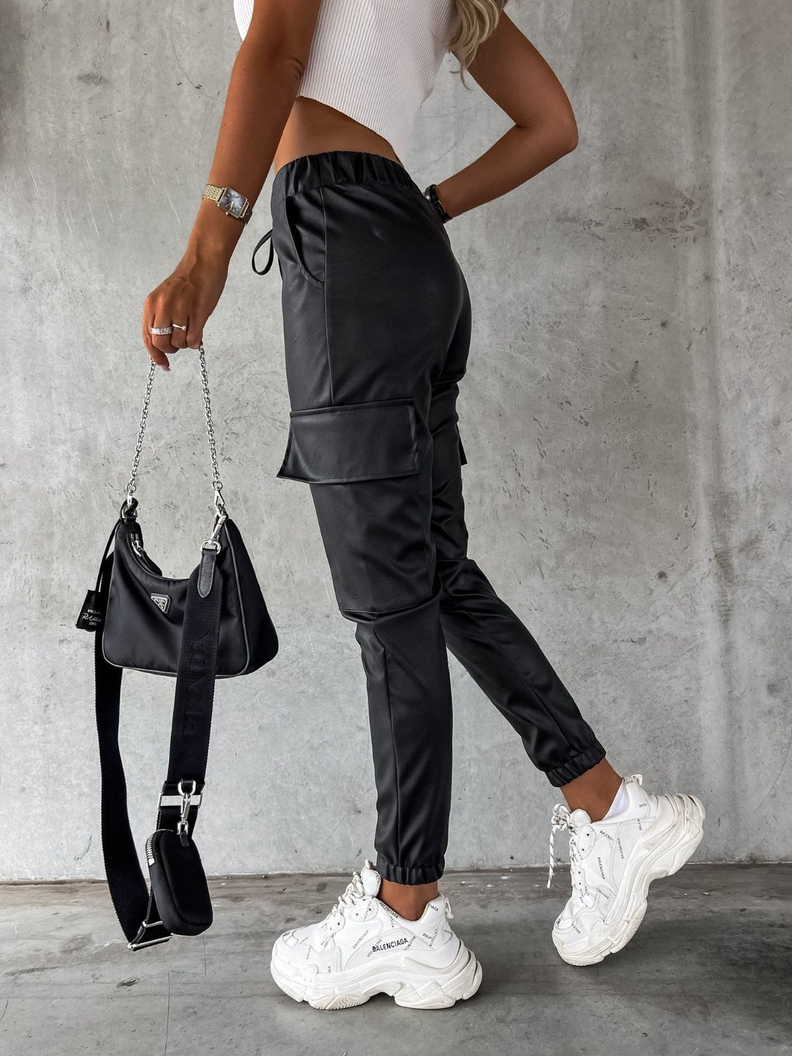 Faux Leather Drawstring Pants with Pockets