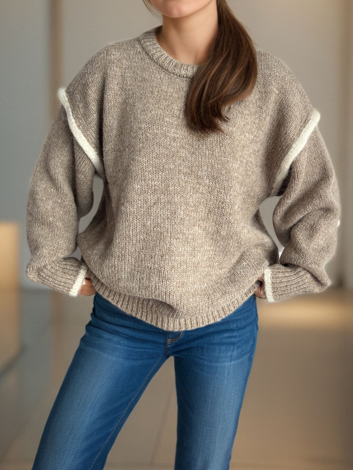 Contrast Trim Round Neck Dropped Shoulder Sweater