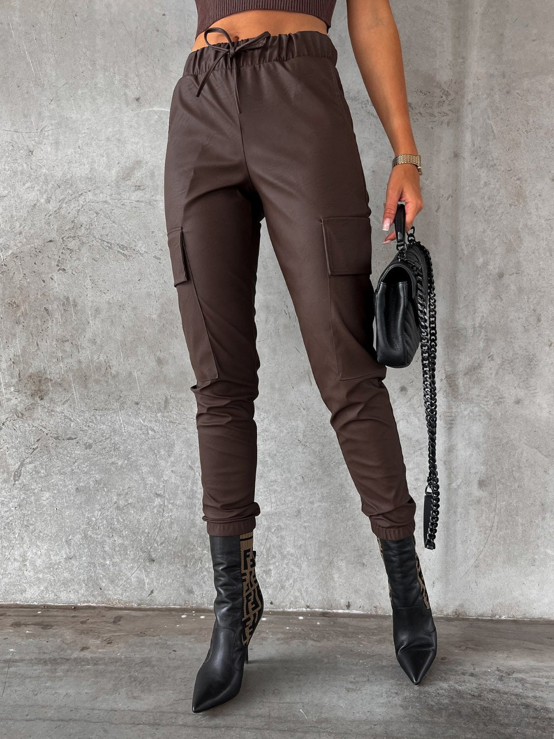 Faux Leather Drawstring Pants with Pockets