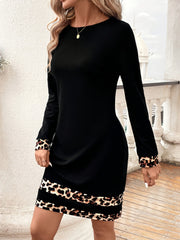 Black Leopard Trim Round Neck Long Sleeve Mini Dress