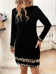 Black Leopard Trim Round Neck Long Sleeve Mini Dress