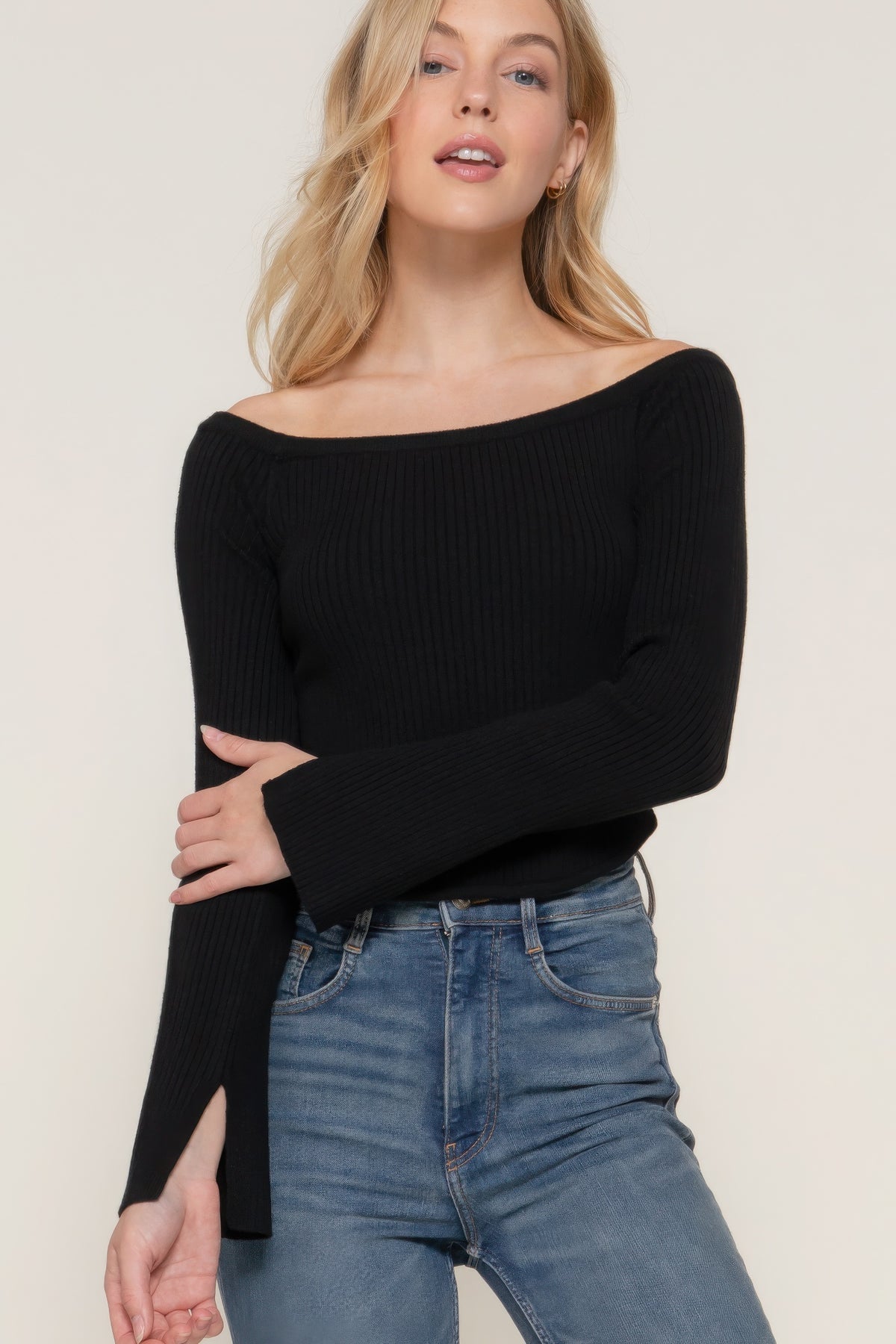 Black Long Sleeve Off Shoulder Sweater