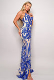 Blue Spaghetti Strap Art Deco Sequins Maxi Dress