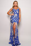 Blue Spaghetti Strap Art Deco Sequins Maxi Dress