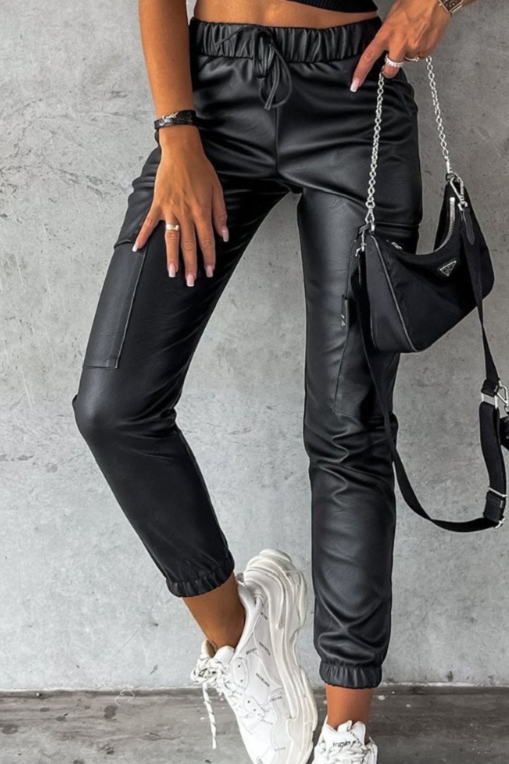 Faux Leather Drawstring Pants with Pockets