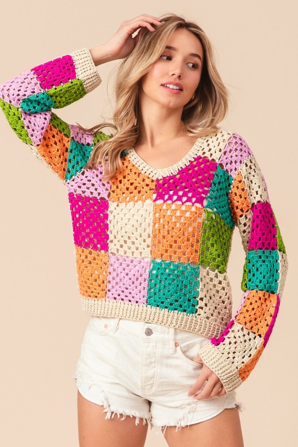 BiBi Multi Color Checkered Long Sleeve Knit Top - GirlSavvi