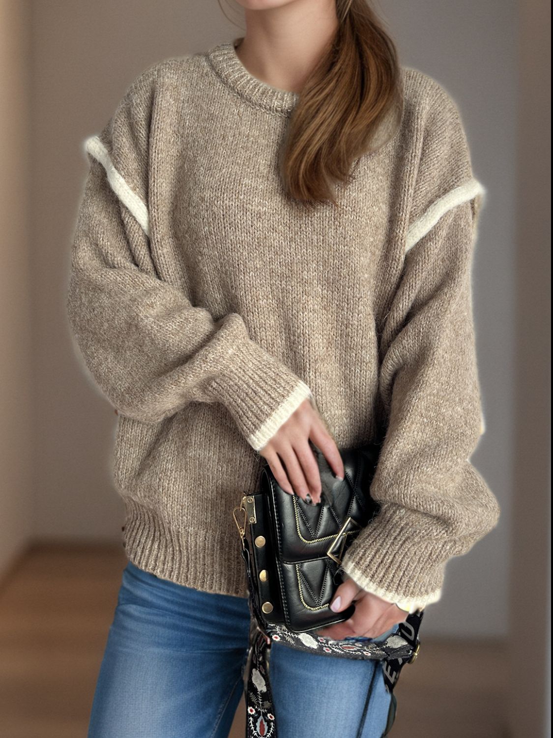 Contrast Trim Round Neck Dropped Shoulder Sweater