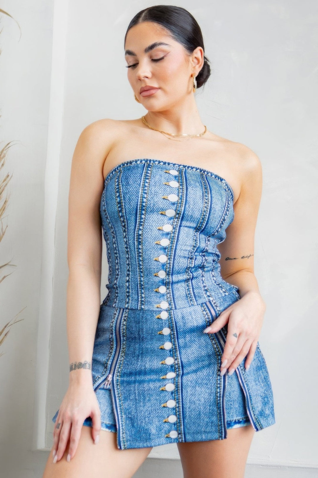 Denim Effect Corset Top & Bottom Set - GirlSavvi