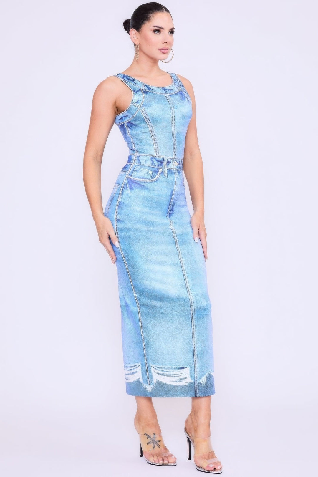 Denim Print Midi Dress - GirlSavvi