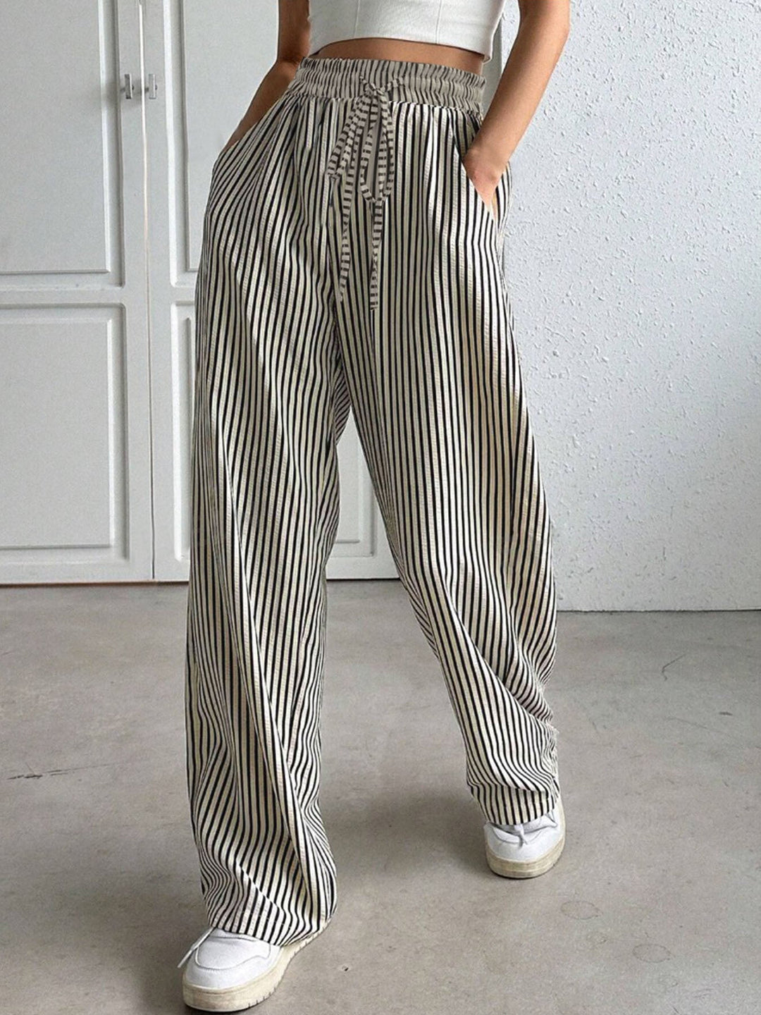 Drawstring Striped Elastic Waist Pants - GirlSavvi