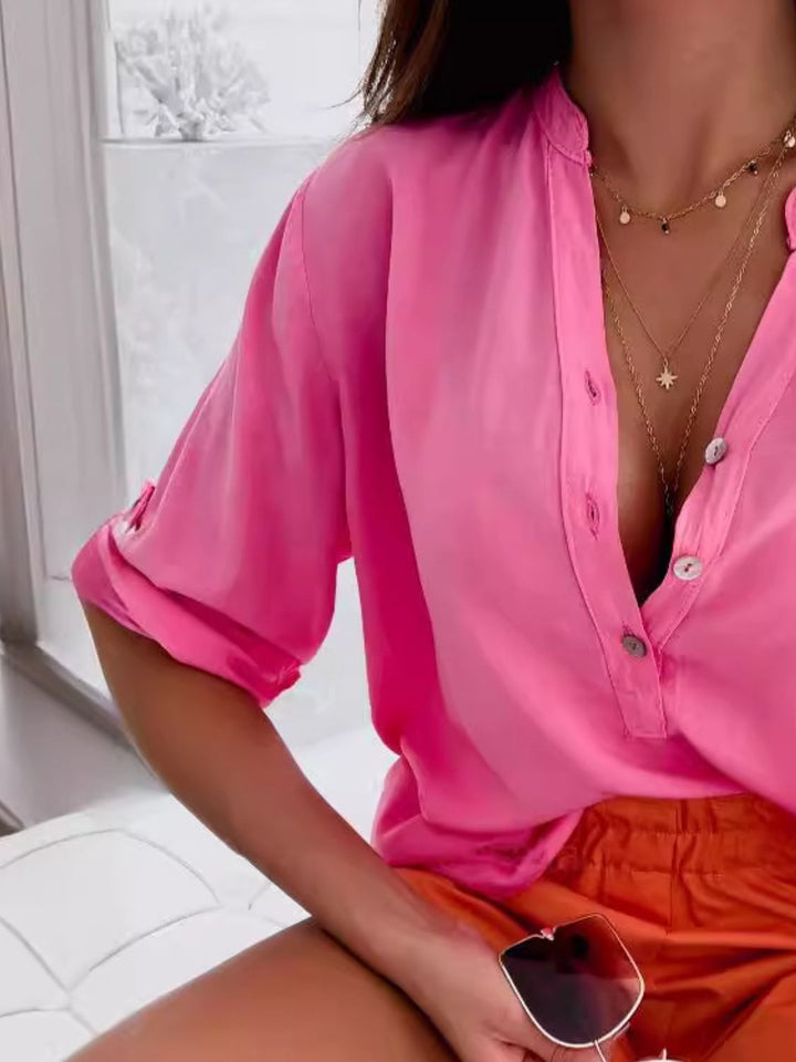 Half Button Notched Half Sleeve Blouse - GirlSavvi