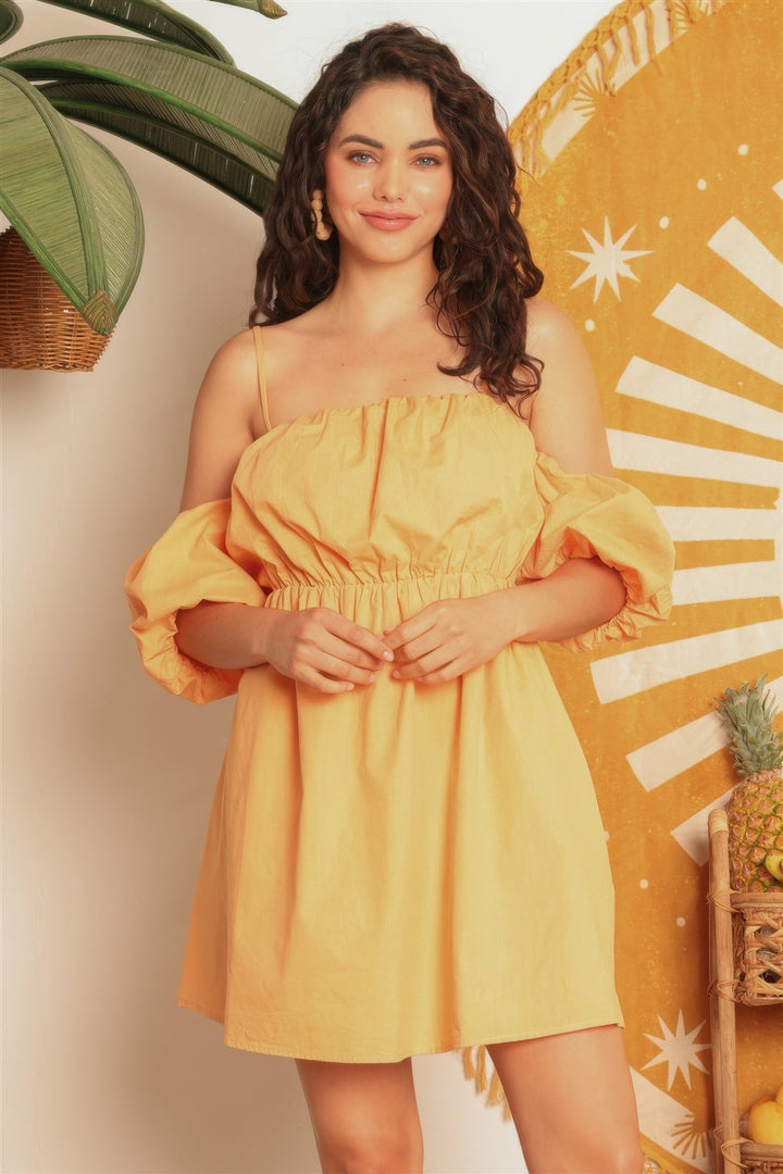Mango Cotton Cold Shoulder Puff Short Sleeve Mini Dress - GirlSavvi