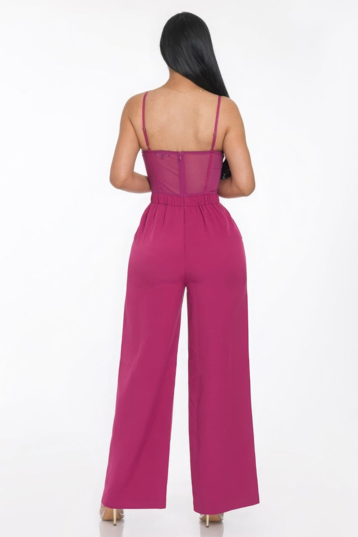 Mesh Insert Cup Wide Leg Jumpsuit - GirlSavvi