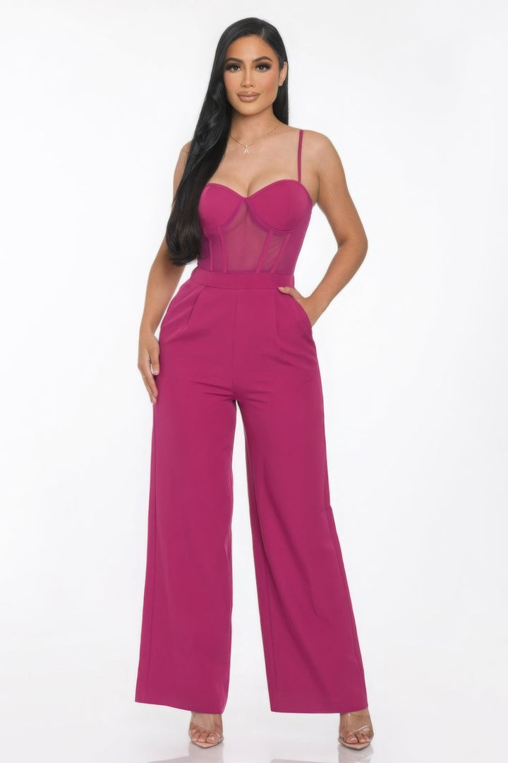 Mesh Insert Cup Wide Leg Jumpsuit - GirlSavvi