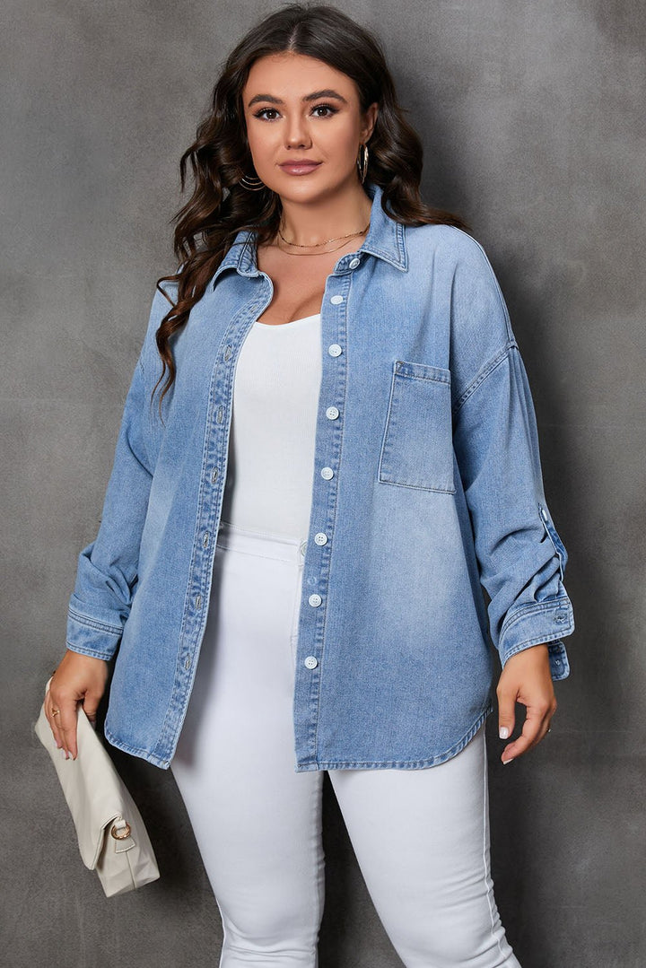 Plus Size Button Up Pocketed Denim Top - GirlSavvi