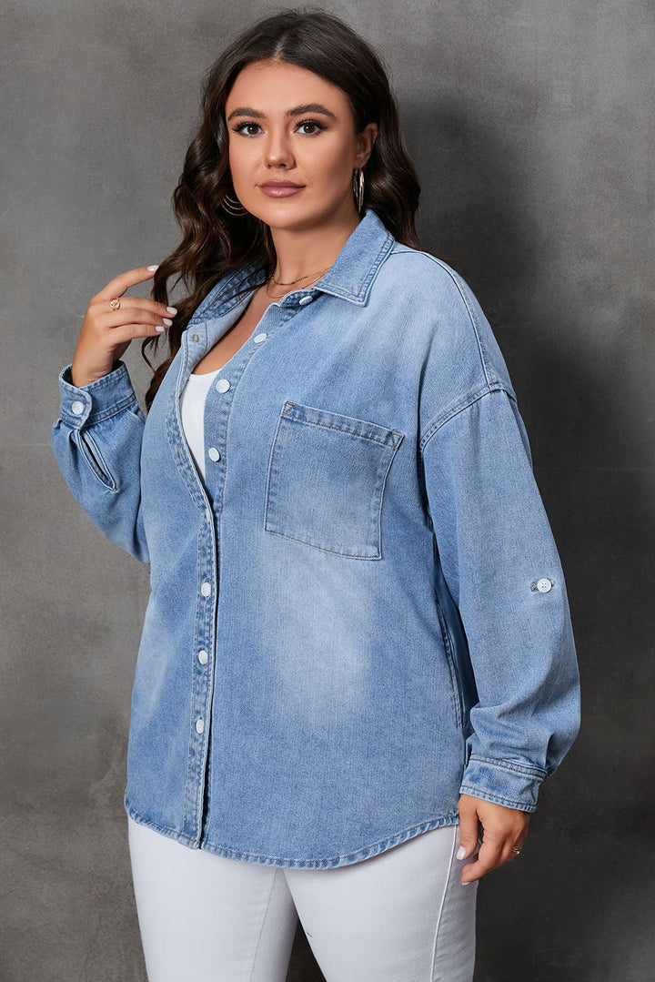 Plus Size Button Up Pocketed Denim Top - GirlSavvi