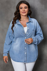 Plus Size Button Up Pocketed Denim Top - GirlSavvi