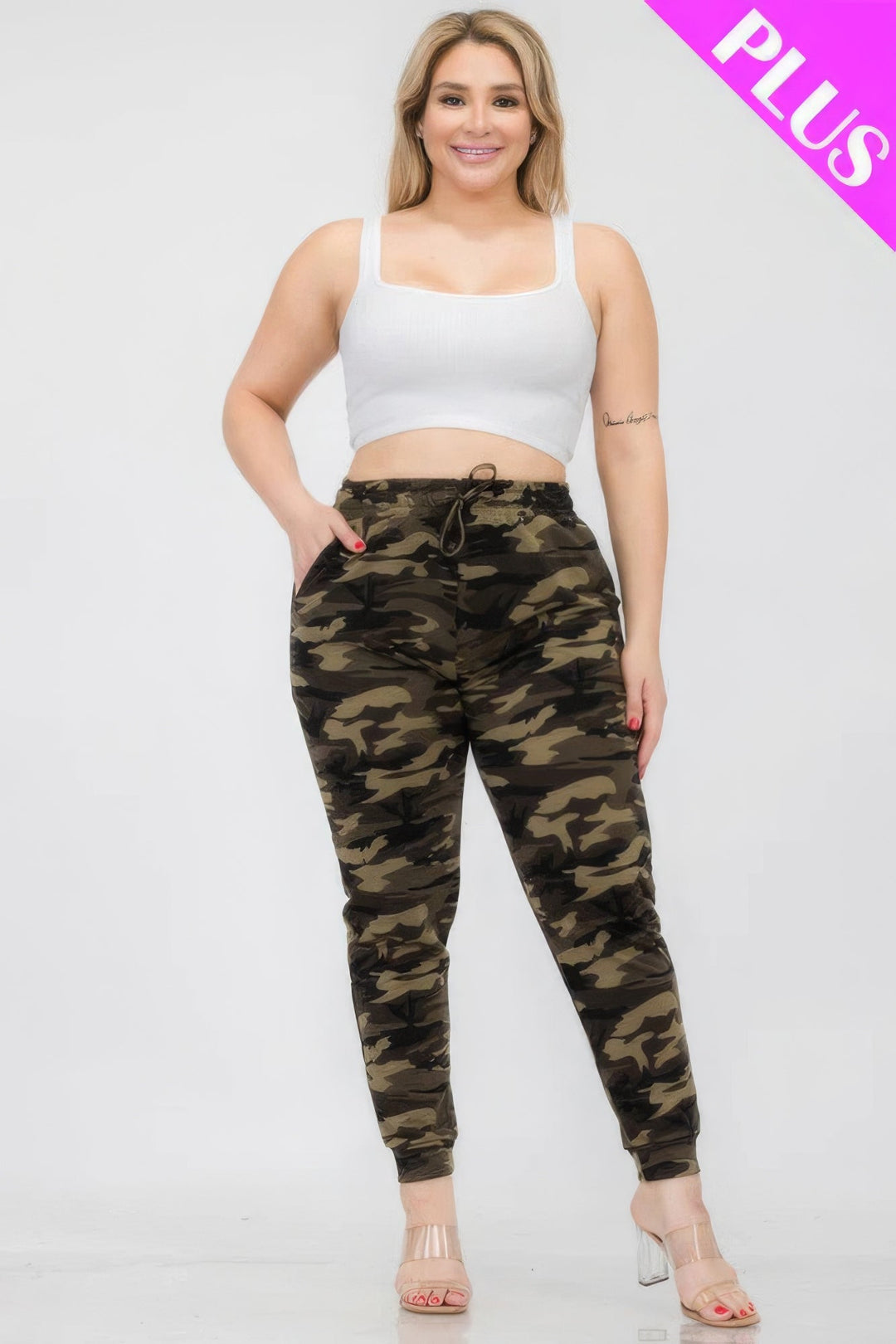 Plus Size French Terry Camo Print Joggers - GirlSavvi