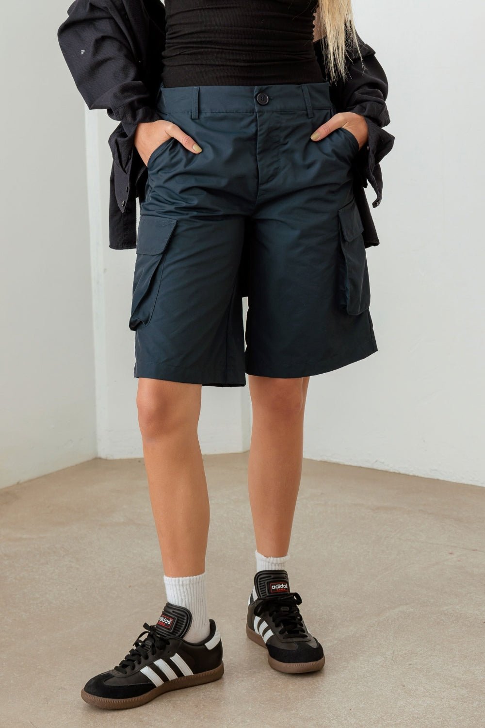 Tasha Apparel Navy Cargo Bermuda Shorts - GirlSavvi