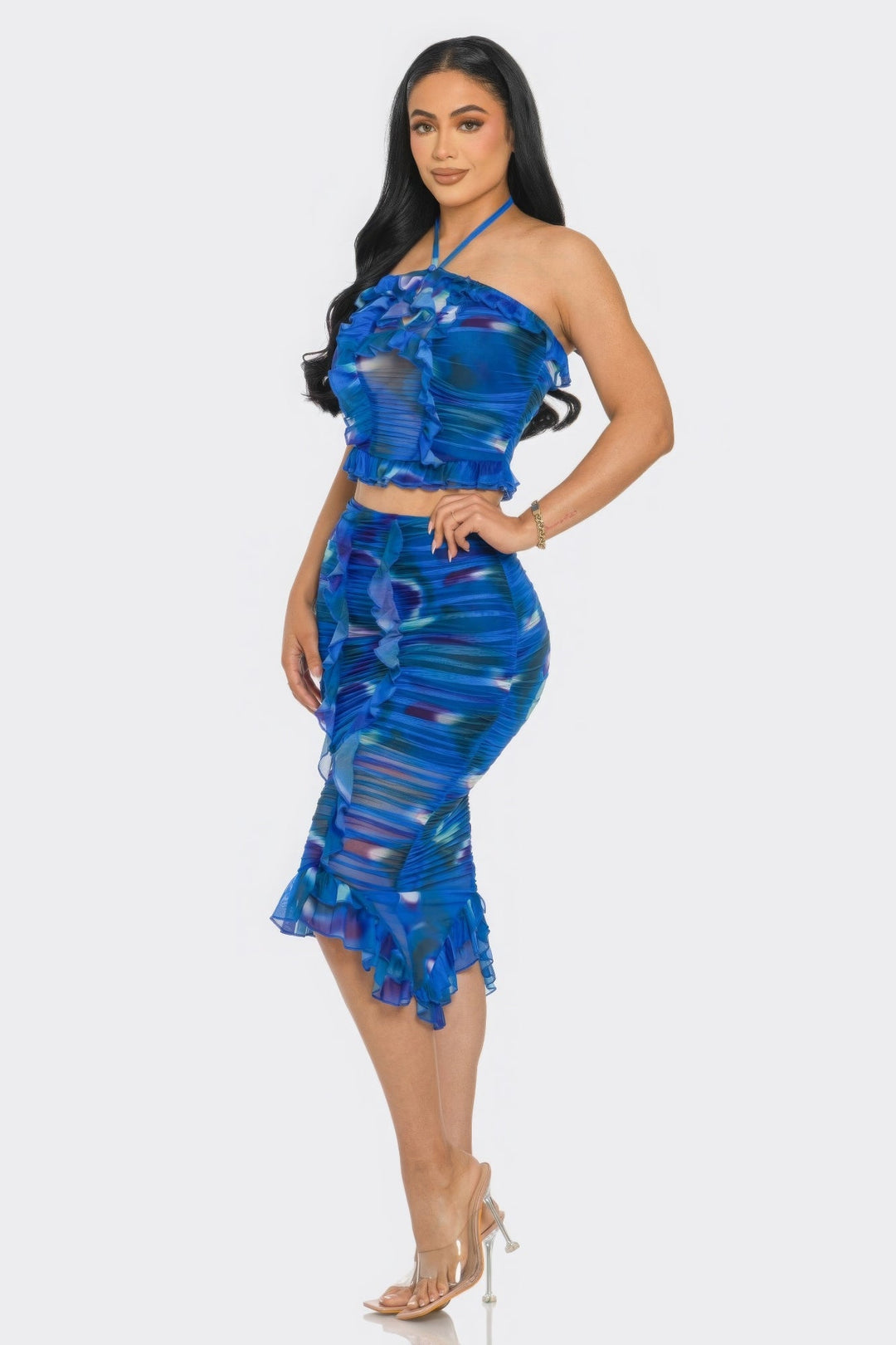 Tropical Waters Print Mesh Ruffle Halter Skirt Set - GirlSavvi