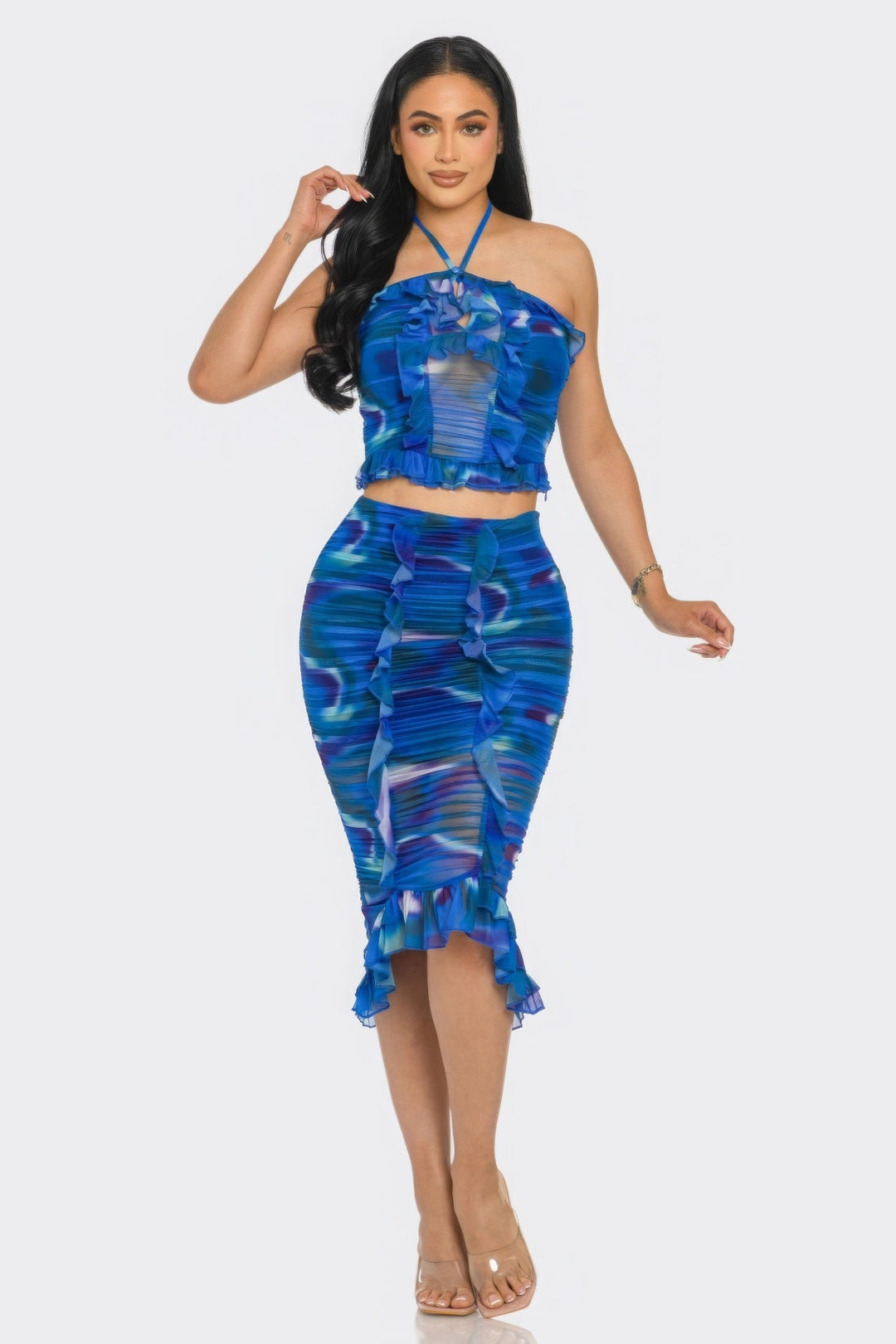 Tropical Waters Print Mesh Ruffle Halter Skirt Set - GirlSavvi