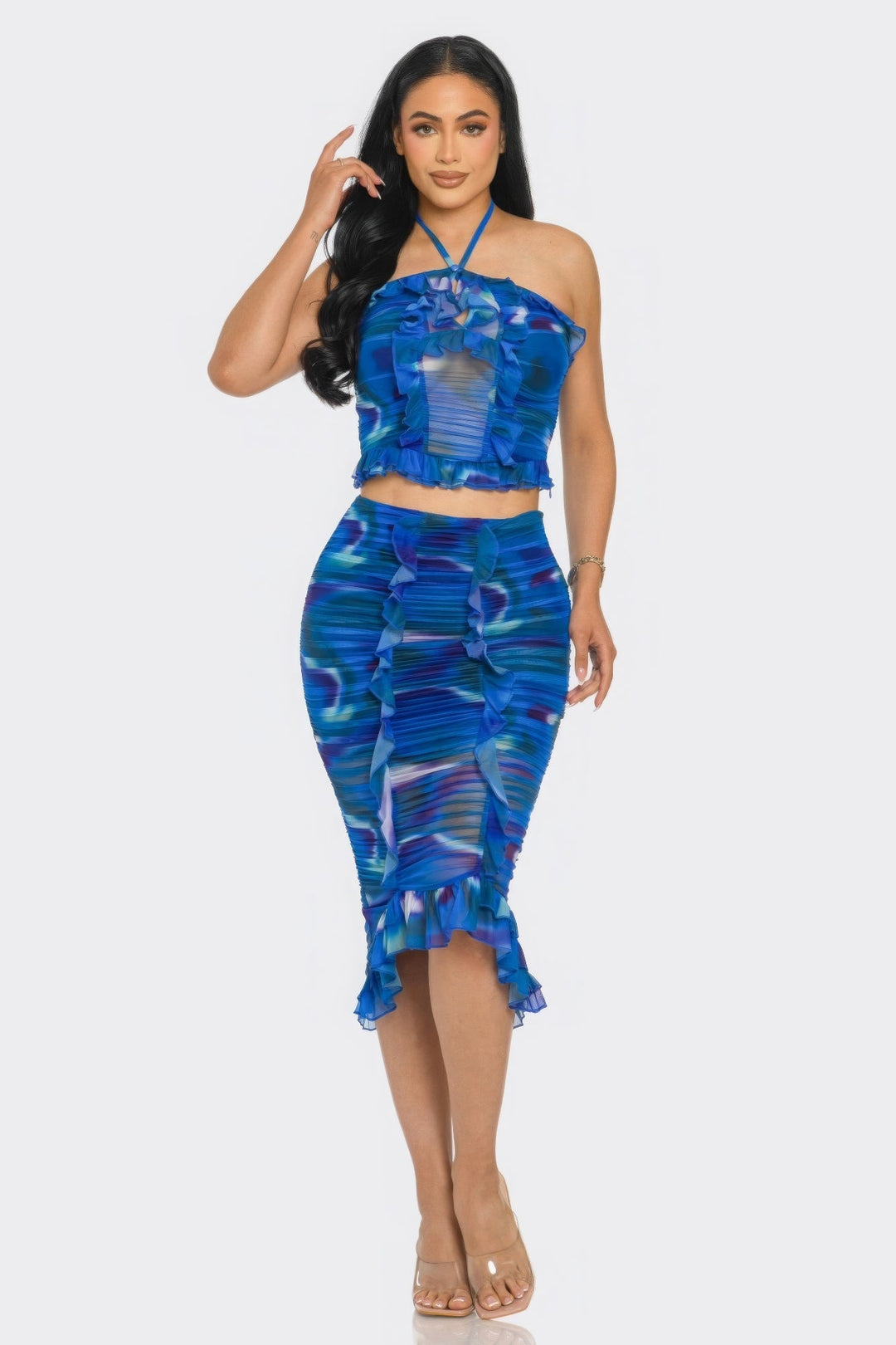 Tropical Waters Print Mesh Ruffle Halter Skirt Set - GirlSavvi