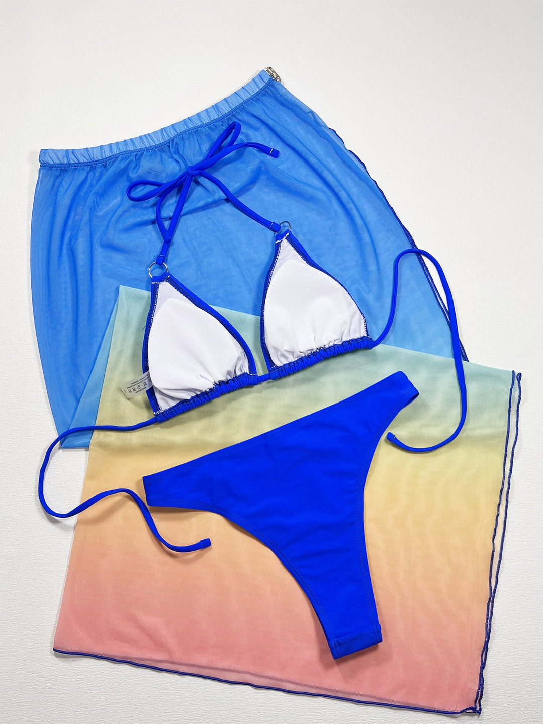 Women's Blue Gradient Halter Neck Three - Piece Swim Set - GirlSavvi