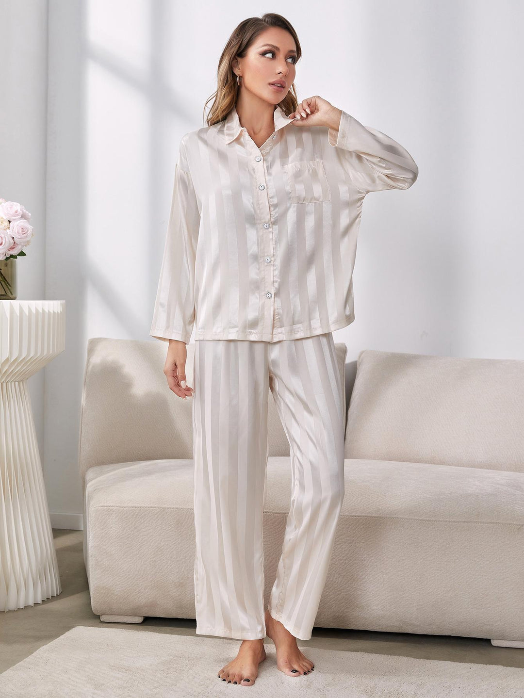 Women's Button - Up Shirt and Pants Pajama Set - GirlSavvi