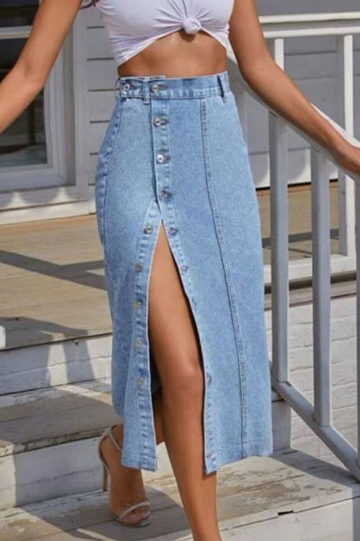 Women's Buttoned Split Denim Skirt - GirlSavvi