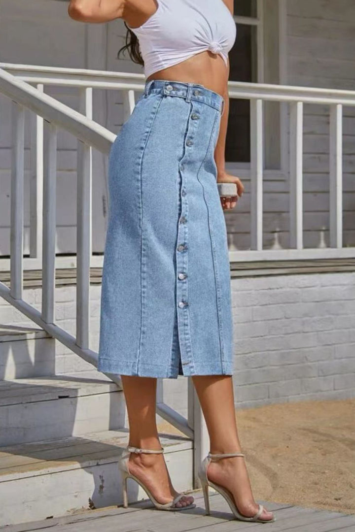 Women's Buttoned Split Denim Skirt - GirlSavvi