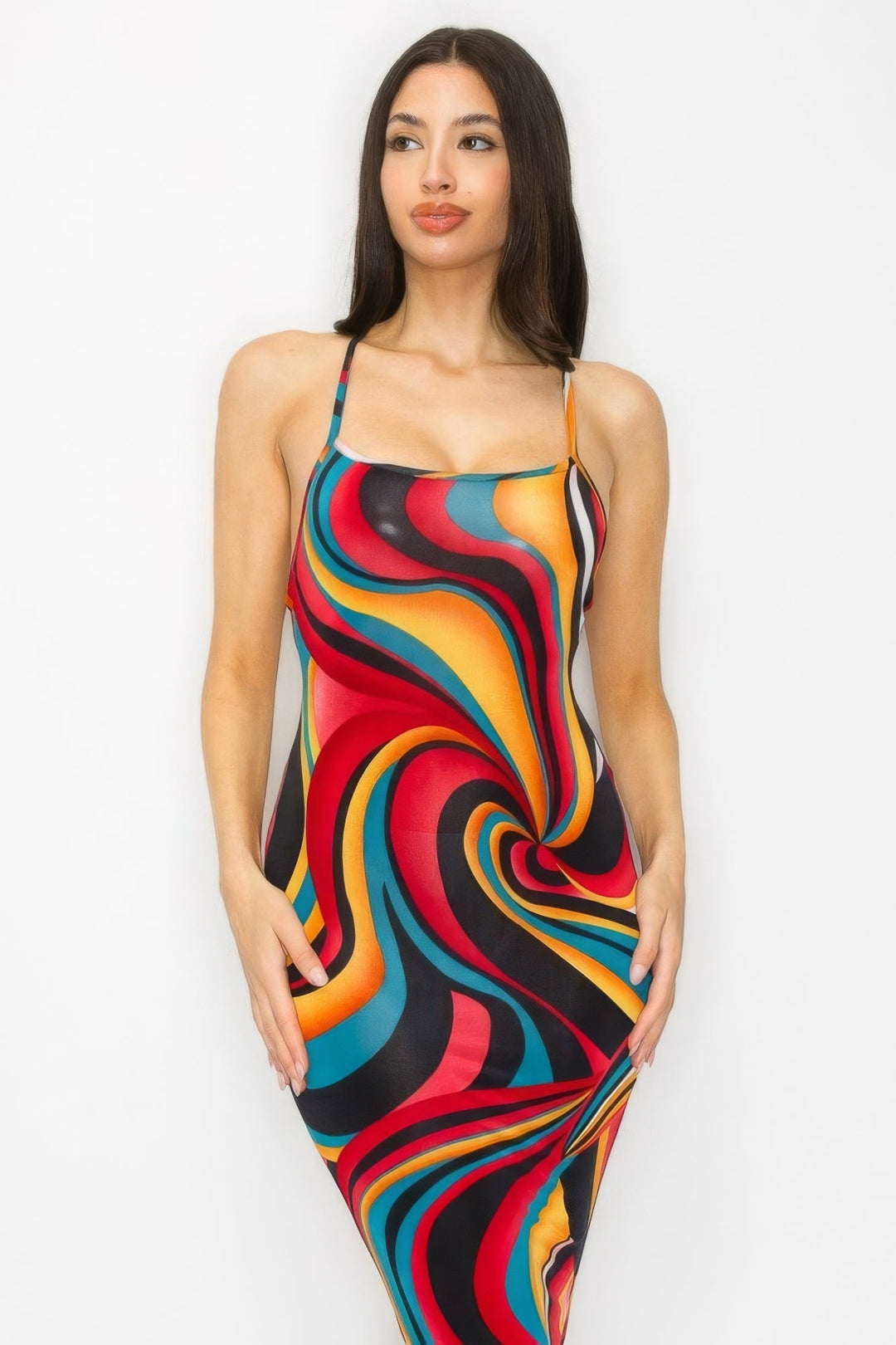 Women’s Crossed Back Marble Print Multicolor Midi Dress - GirlSavvi