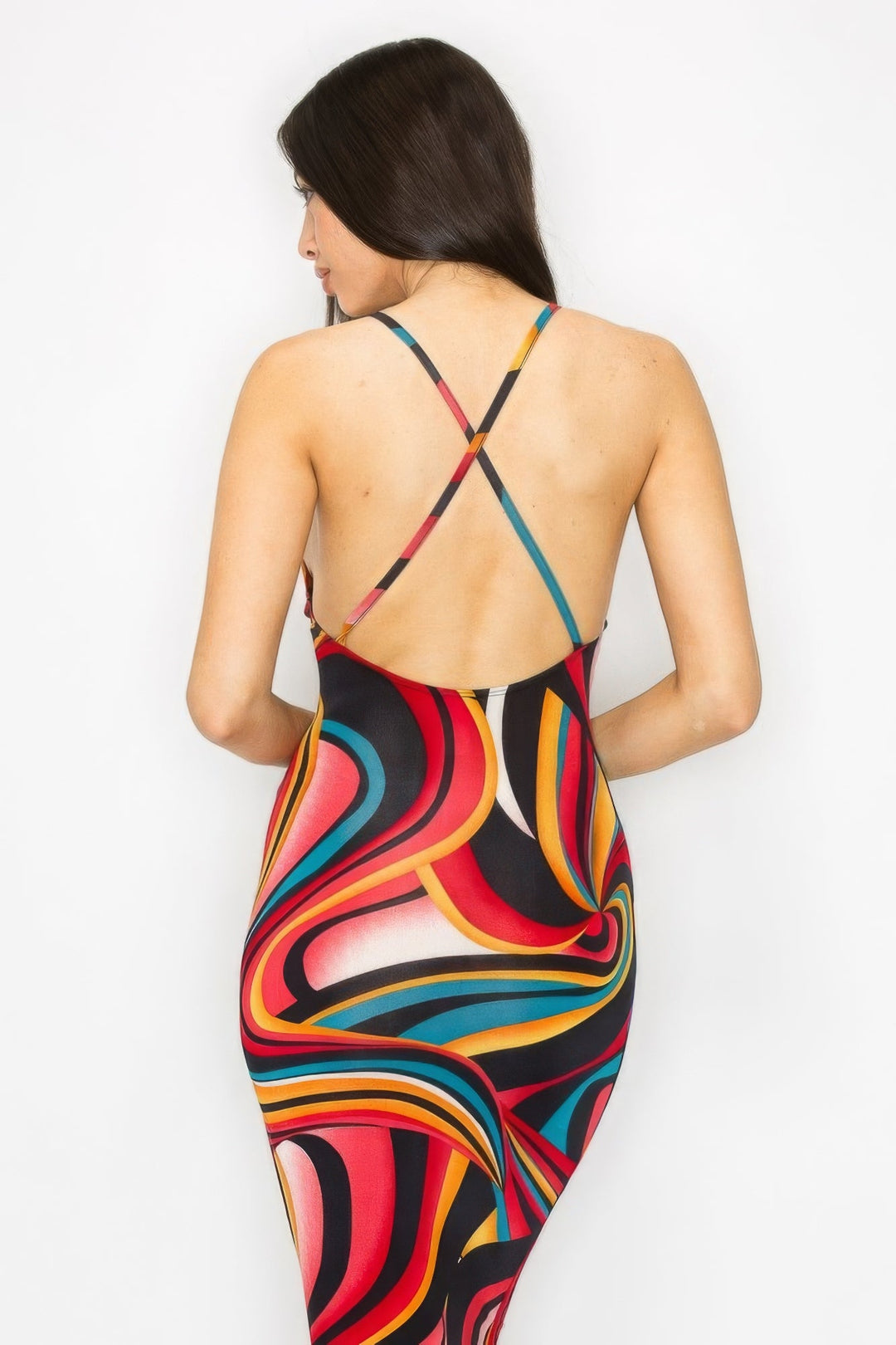 Women’s Crossed Back Marble Print Multicolor Midi Dress - GirlSavvi
