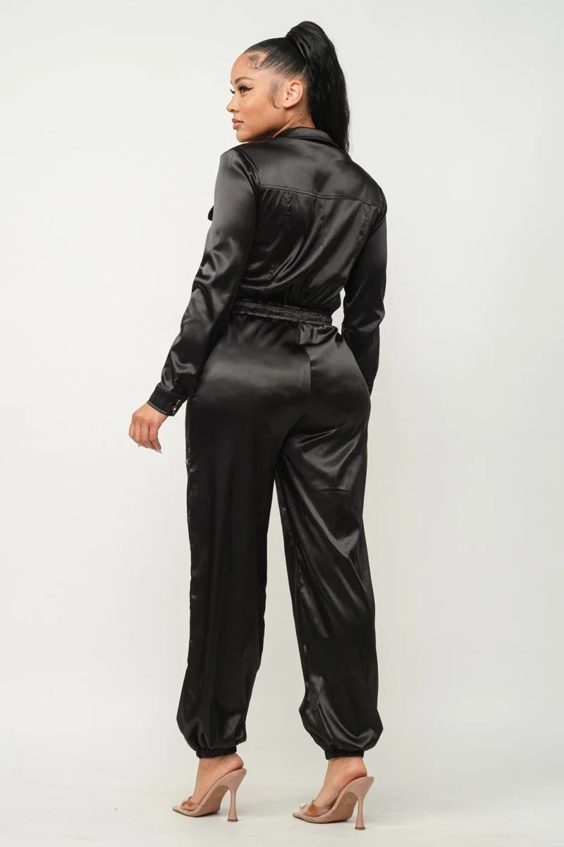 Women’s Front Zipper Pockets Top And Pants Jumpsuit - GirlSavvi