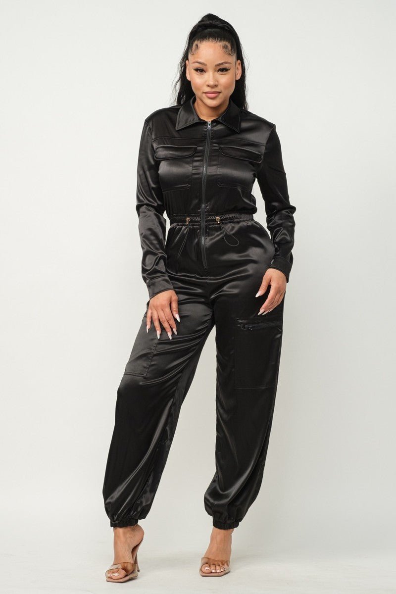 Women’s Front Zipper Pockets Top And Pants Jumpsuit - GirlSavvi