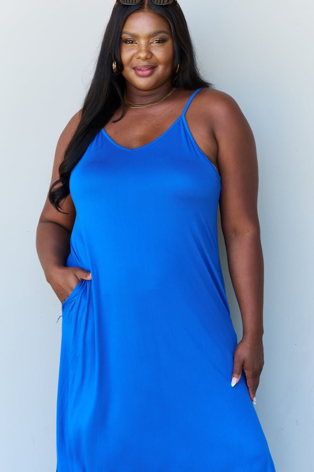 Women's - Good Energy Cami Side Slit Maxi Dress in Royal Blue - GirlSavvi