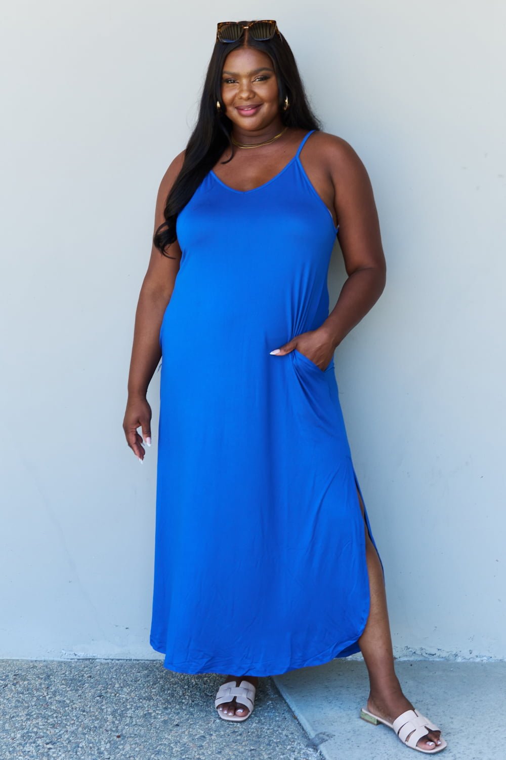 Women's - Good Energy Cami Side Slit Maxi Dress in Royal Blue - GirlSavvi