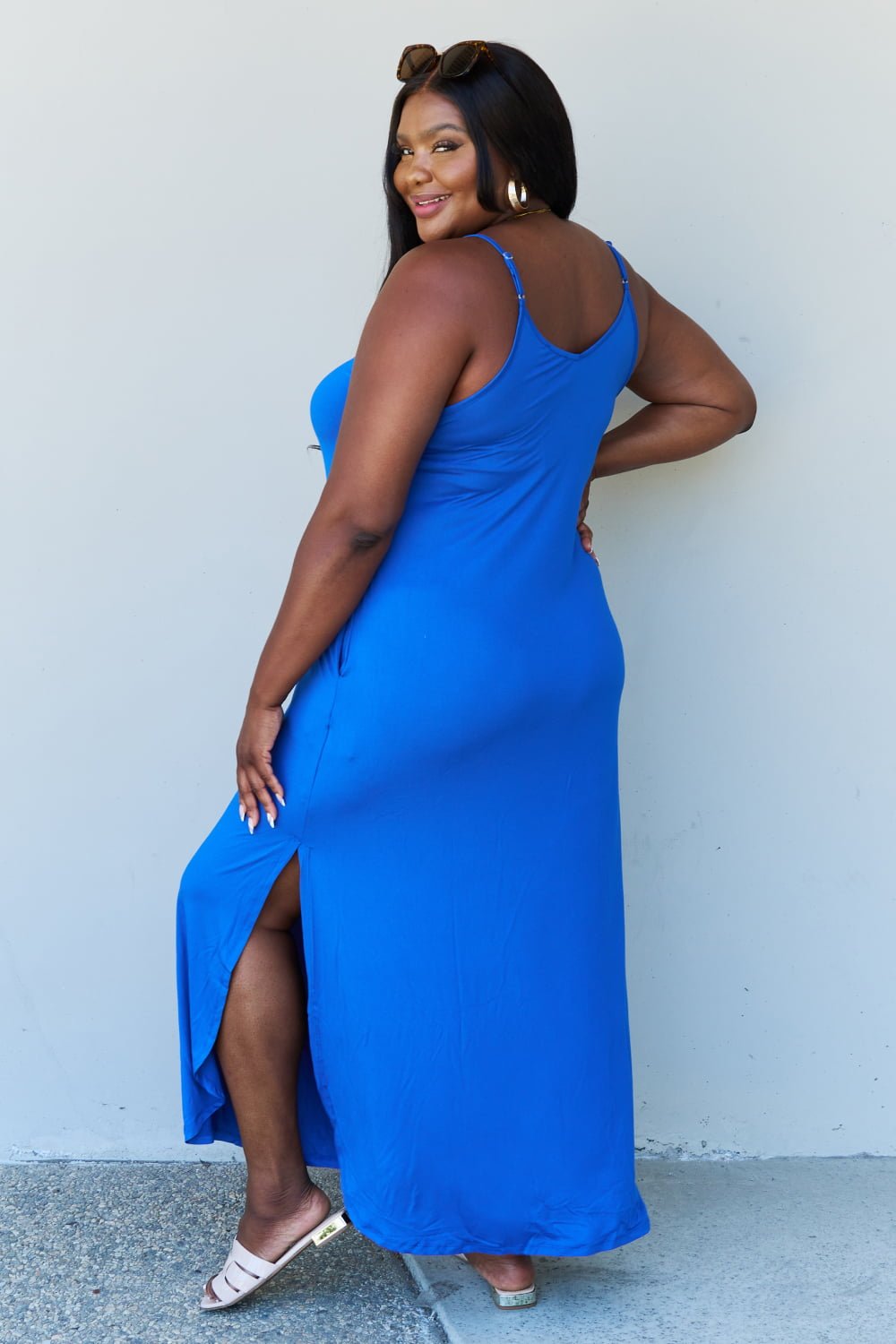 Women's - Good Energy Cami Side Slit Maxi Dress in Royal Blue - GirlSavvi