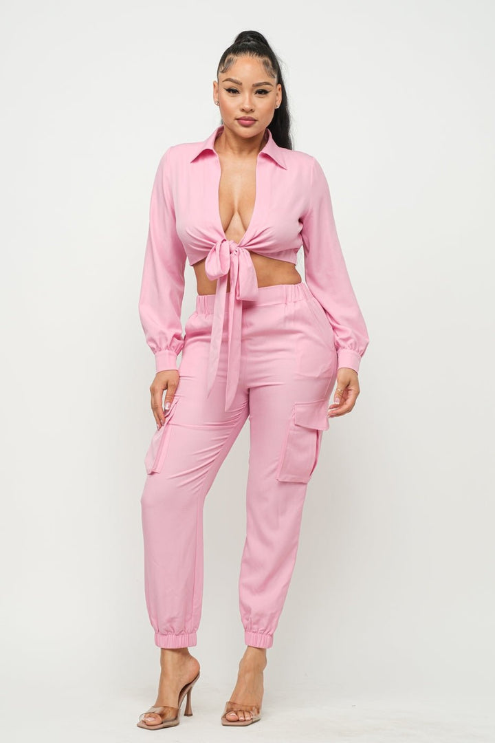 Women's Pink Open Front Tie Top And Pants Set - GirlSavvi