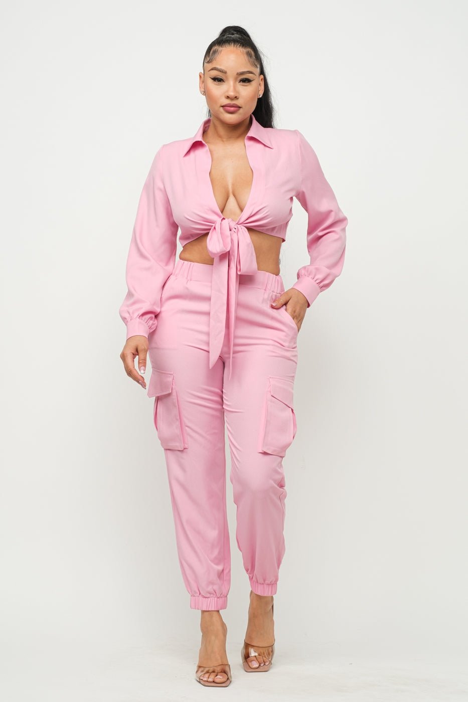 Women's Pink Open Front Tie Top And Pants Set - GirlSavvi