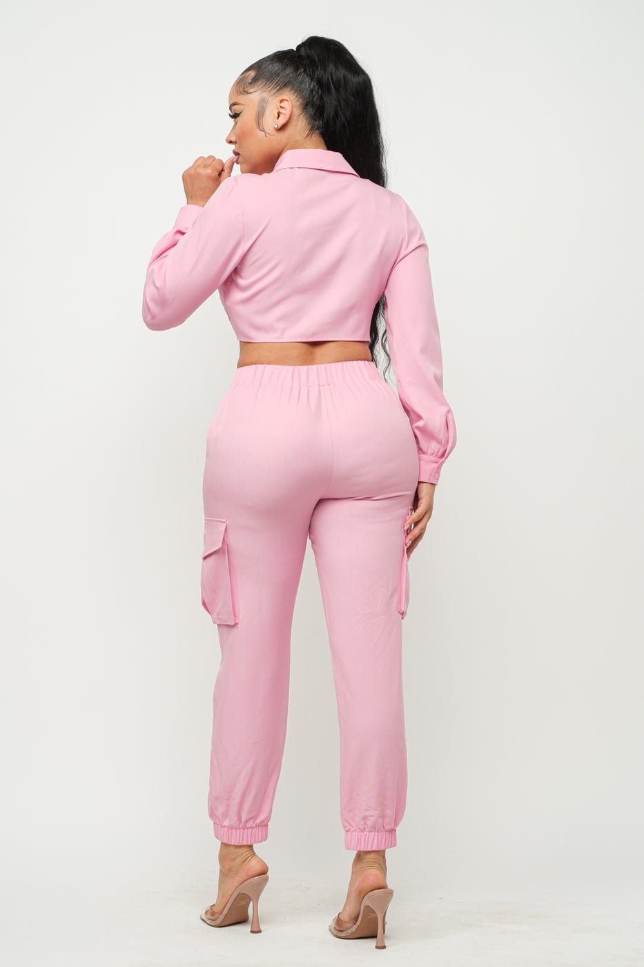 Women's Pink Open Front Tie Top And Pants Set - GirlSavvi