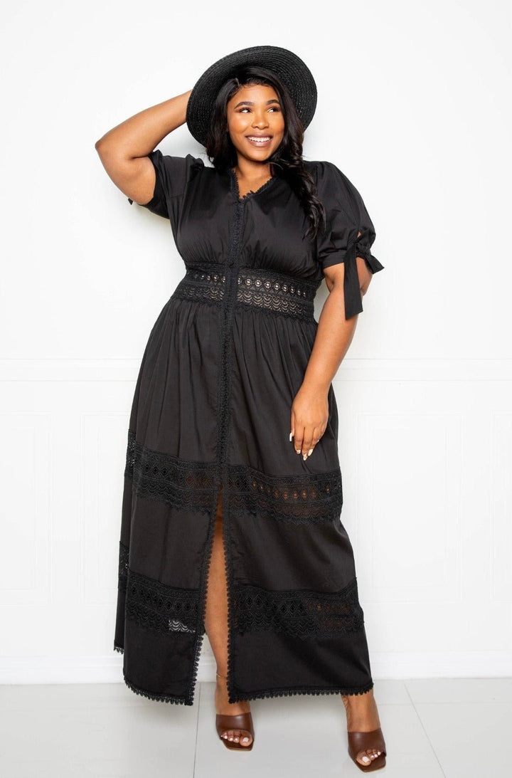 Women’s Puff Sleeve Maxi Dress With Lace Insert - GirlSavvi