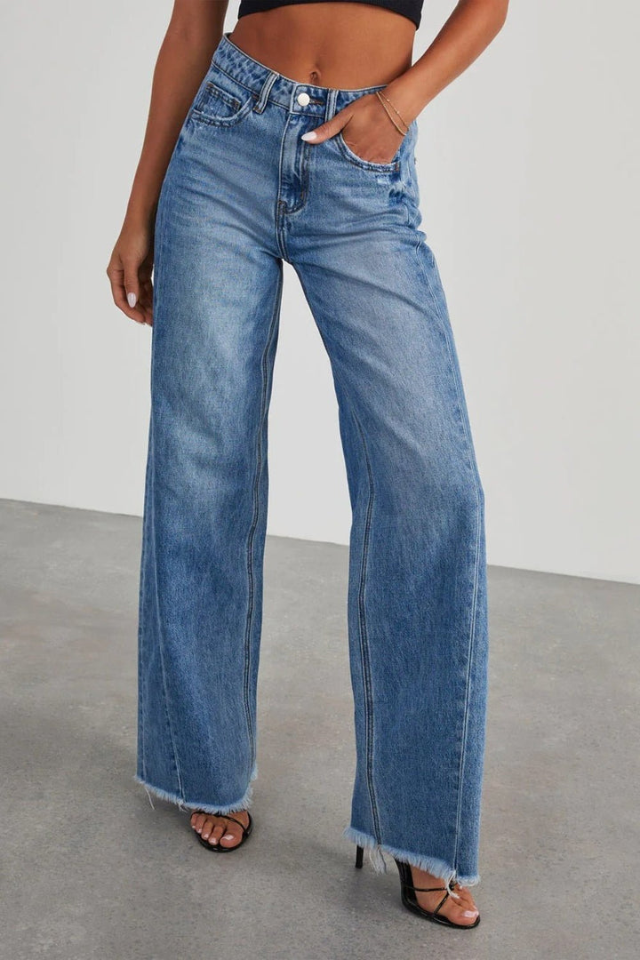 Women’s Raw Hem Wide Leg Jeans with Pockets - GirlSavvi