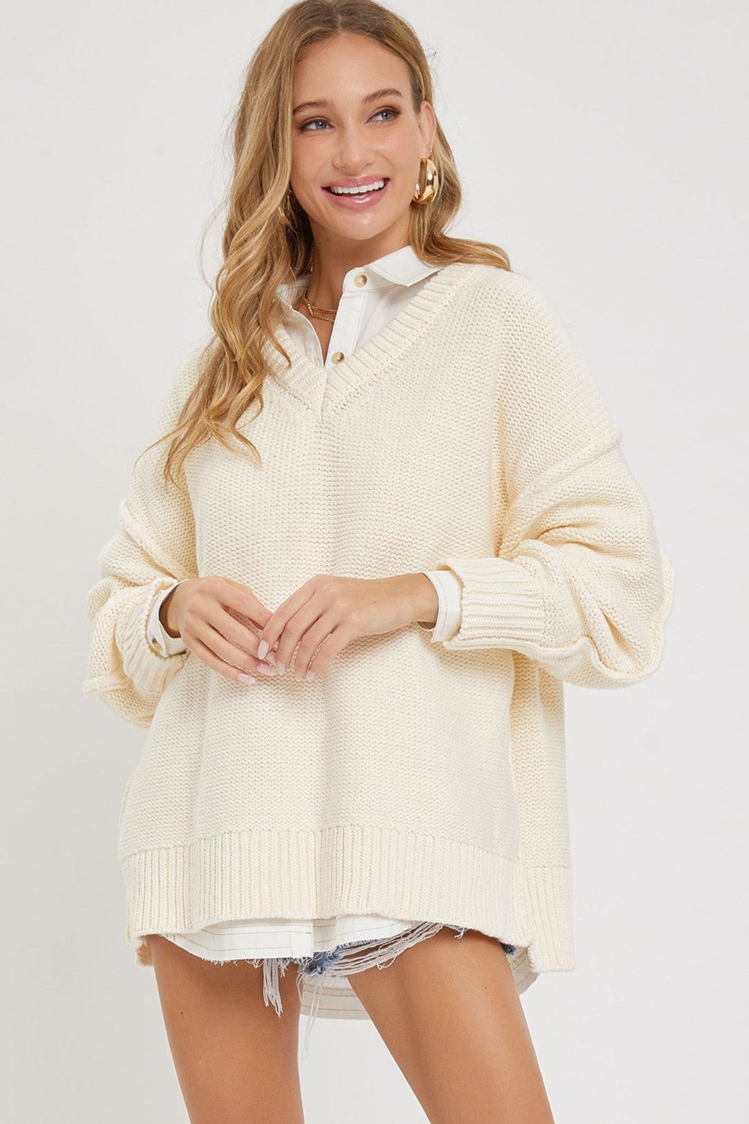 Women's V Neck Oversized Sweater - GirlSavvi